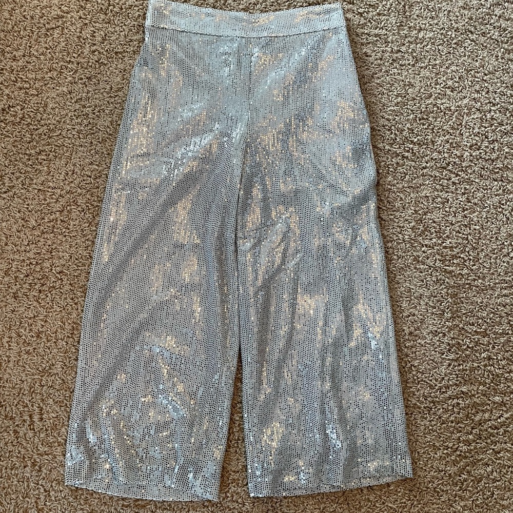 Zara silver sequin wide leg cropped pants NWT